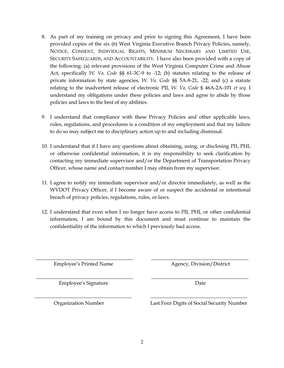 Acknowledgement of and Agreement to Protect Confidential Information - West Virginia, Page 2