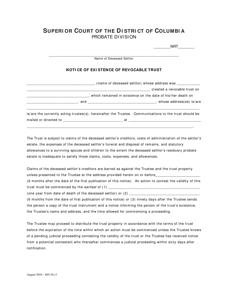 Notice of Existence of Revocable Trust - Washington, D.C., Page 1