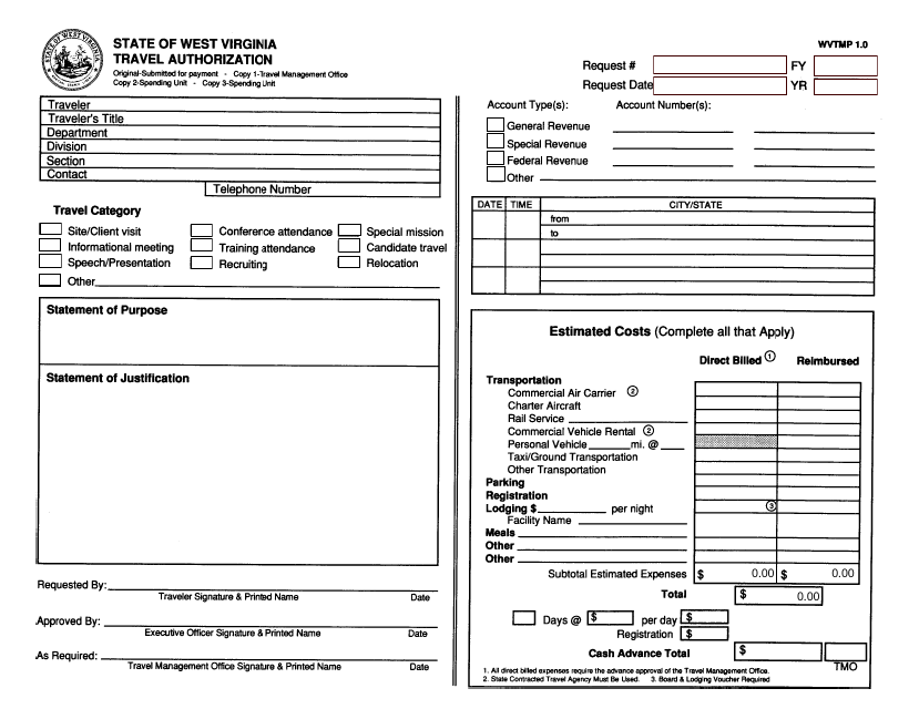 Form WVTMP1.0 Travel Authorization - West Virginia