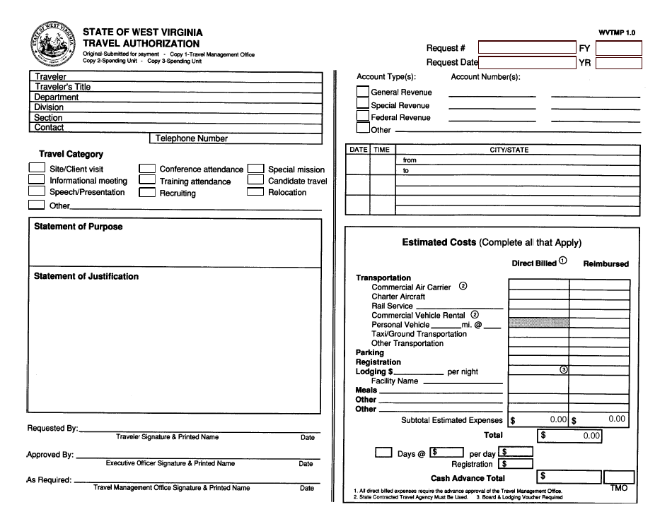 Form WVTMP1.0 Travel Authorization - West Virginia, Page 1