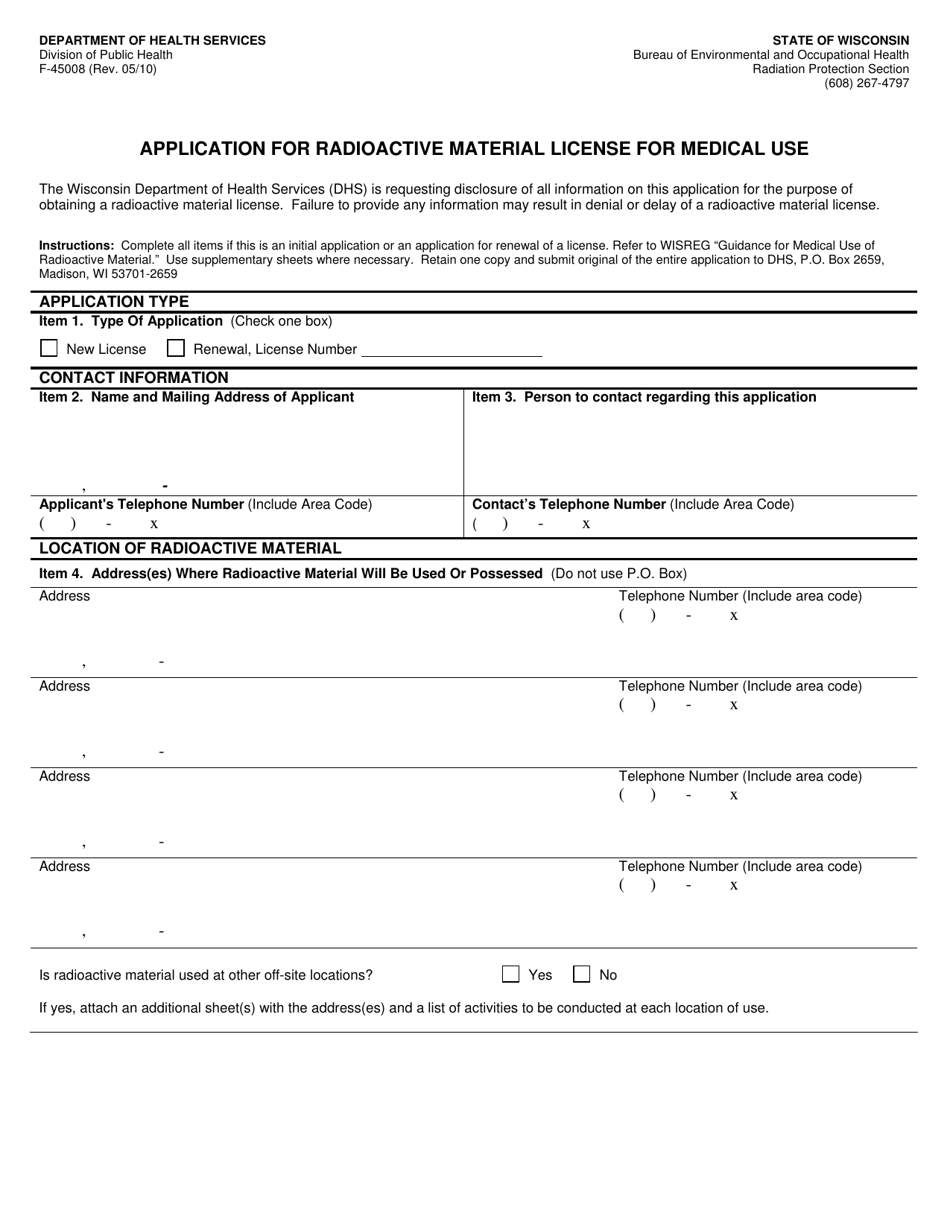 Form F-45008 Application for Radioactive Material License for Medical Use - Wisconsin, Page 1