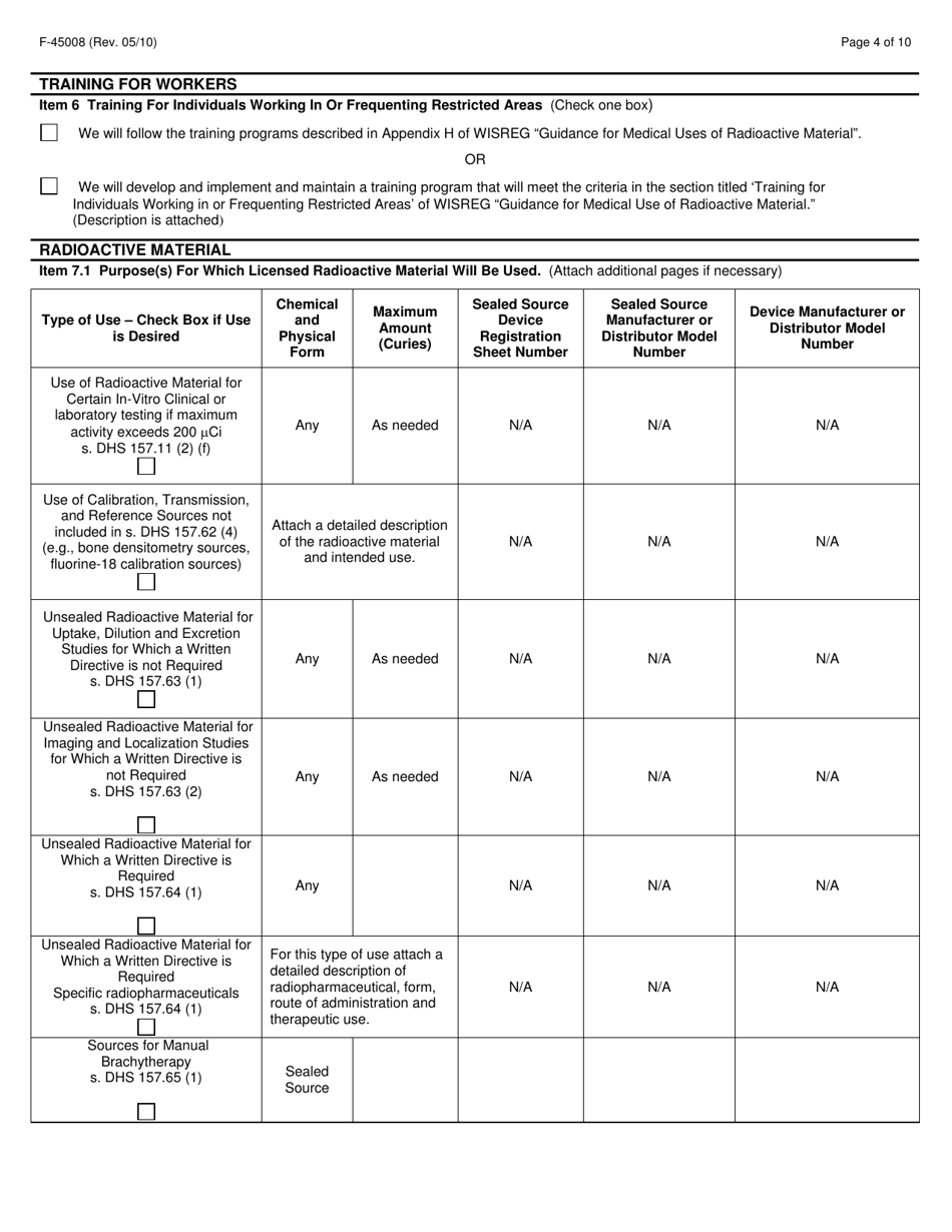 Form F-45008 Application for Radioactive Material License for Medical Use - Wisconsin, Page 4