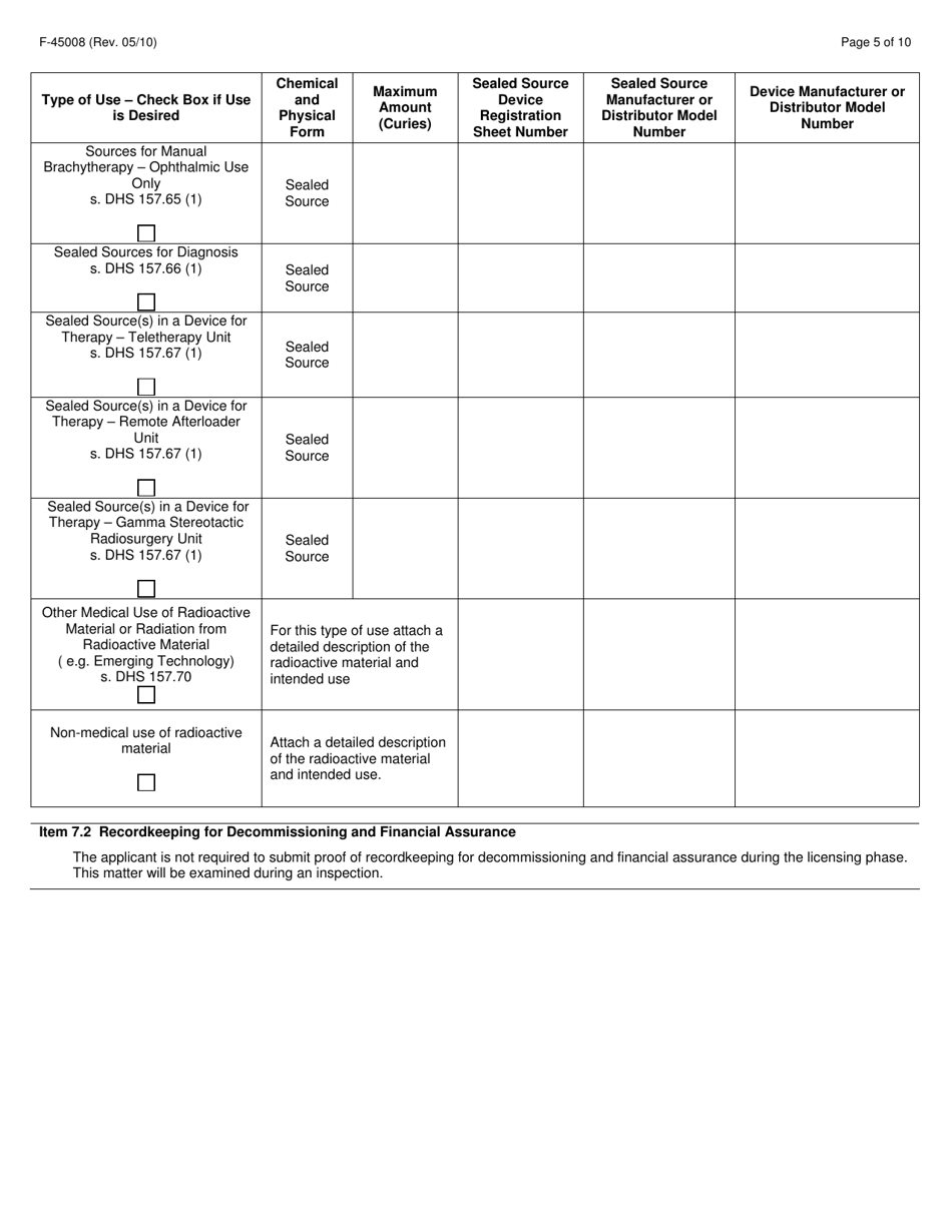 Form F-45008 Application for Radioactive Material License for Medical Use - Wisconsin, Page 5