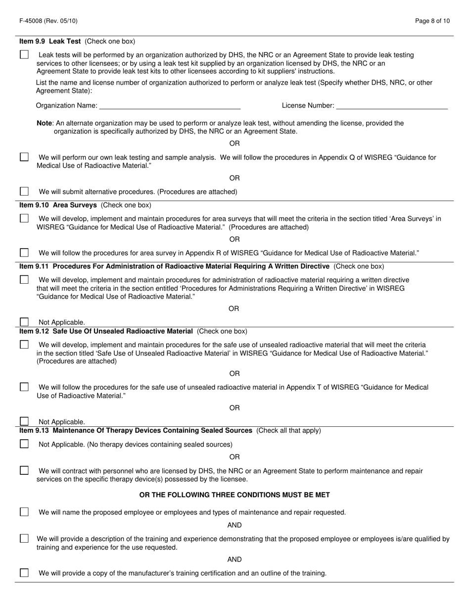Form F-45008 Application for Radioactive Material License for Medical Use - Wisconsin, Page 8
