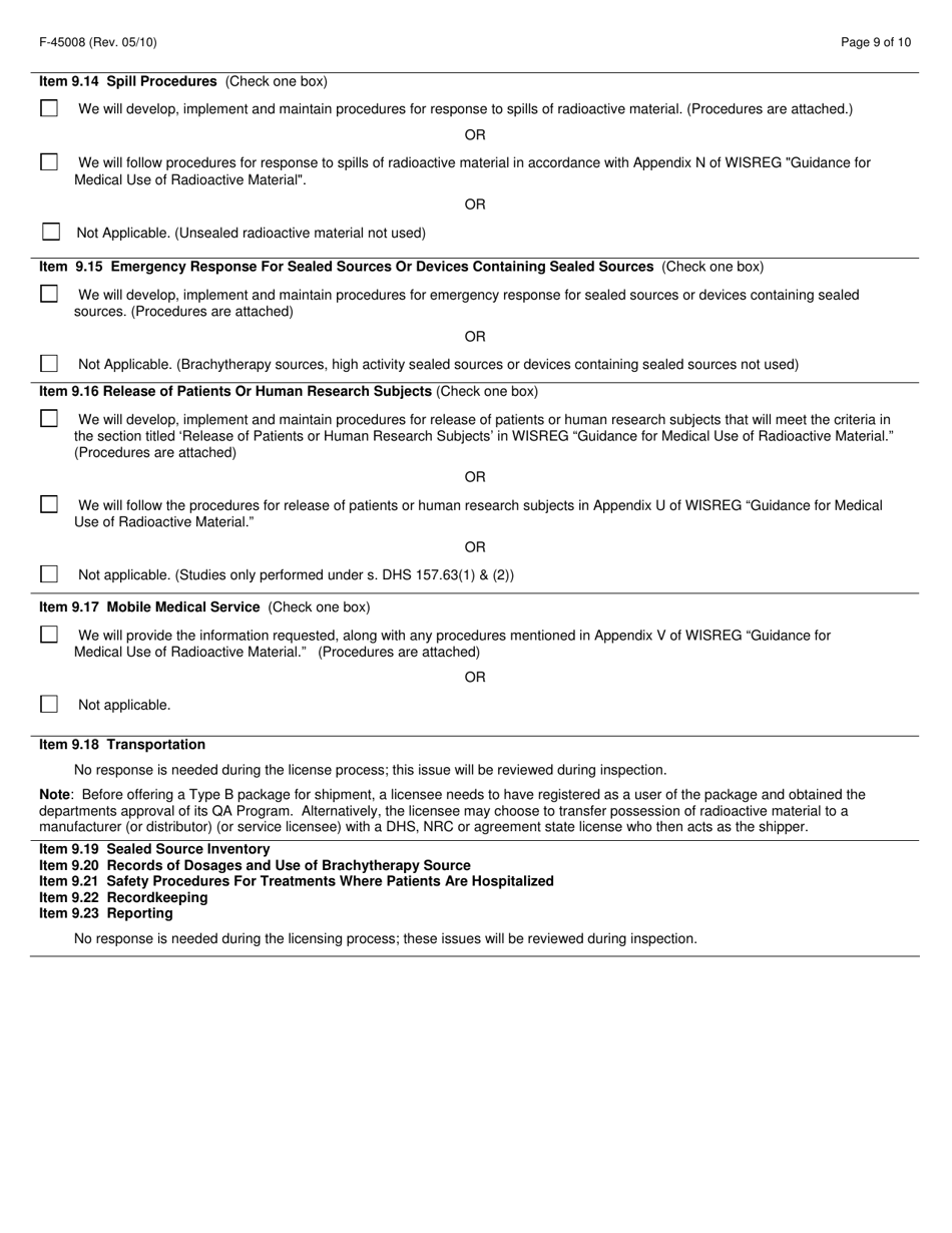 Form F-45008 Application for Radioactive Material License for Medical Use - Wisconsin, Page 9