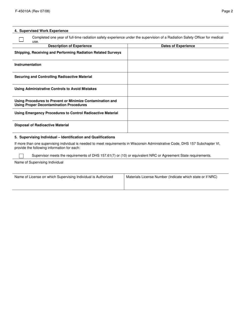 Form F-45010A Training, Experience and Preceptor Attestation - a (Radiation Safety Officer for Medical Use) - Wisconsin, Page 2