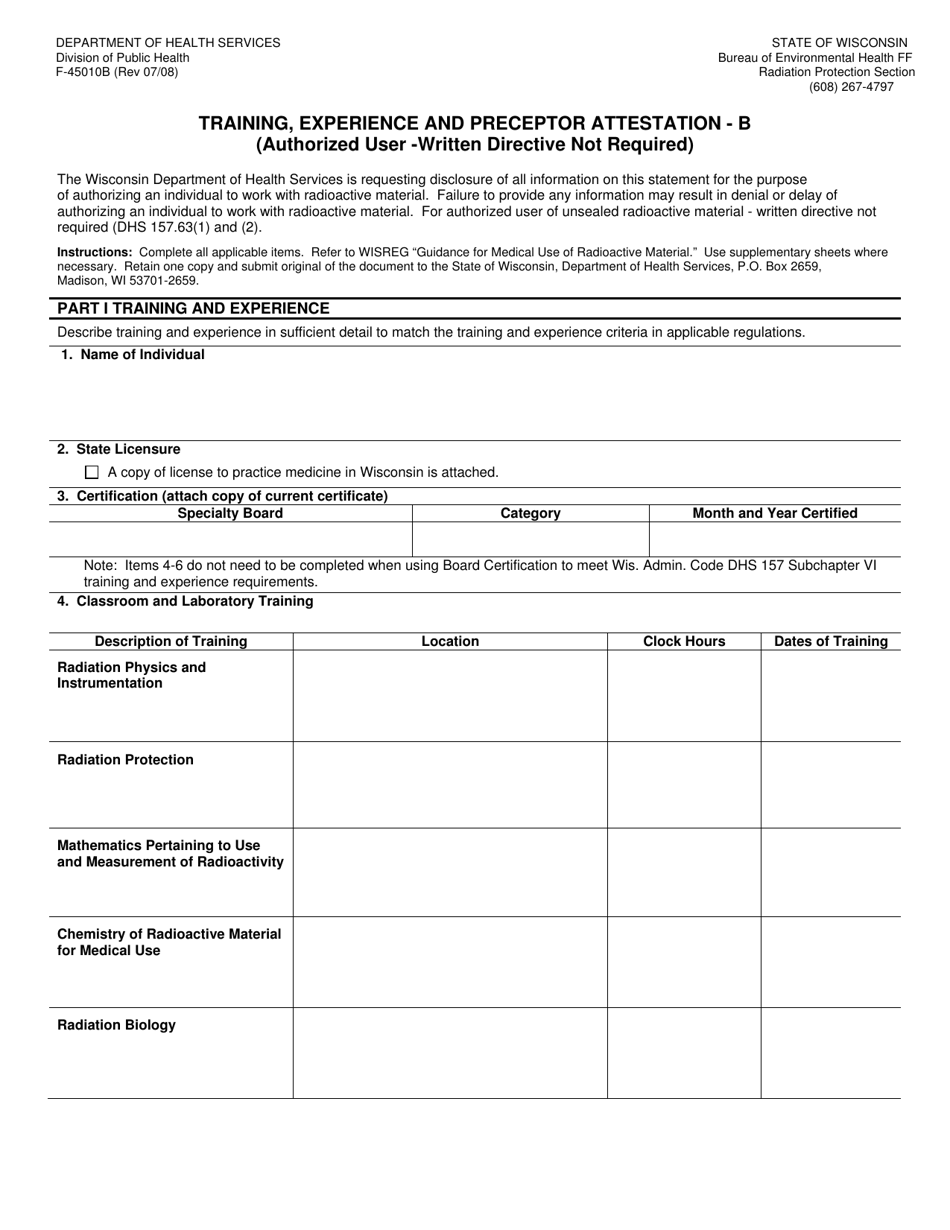 Form F-45010B Training, Experience and Preceptor Attestation - B (Authorized User - Written Directive Not Required) - Wisconsin, Page 1