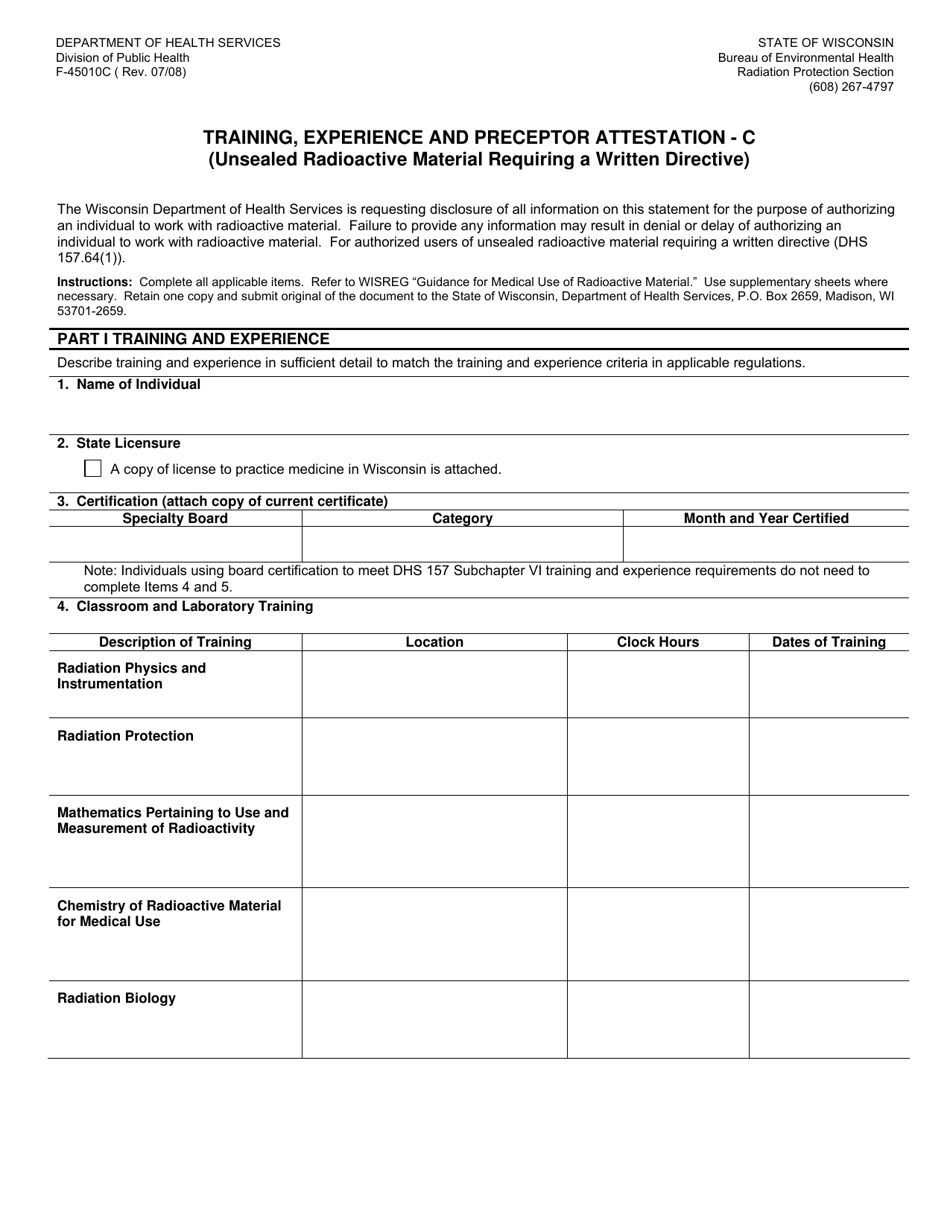 Form F-45010C Training, Experience and Preceptor Attestation - C (Unsealed Radioactive Material Requiring a Written Directive) - Wisconsin, Page 1