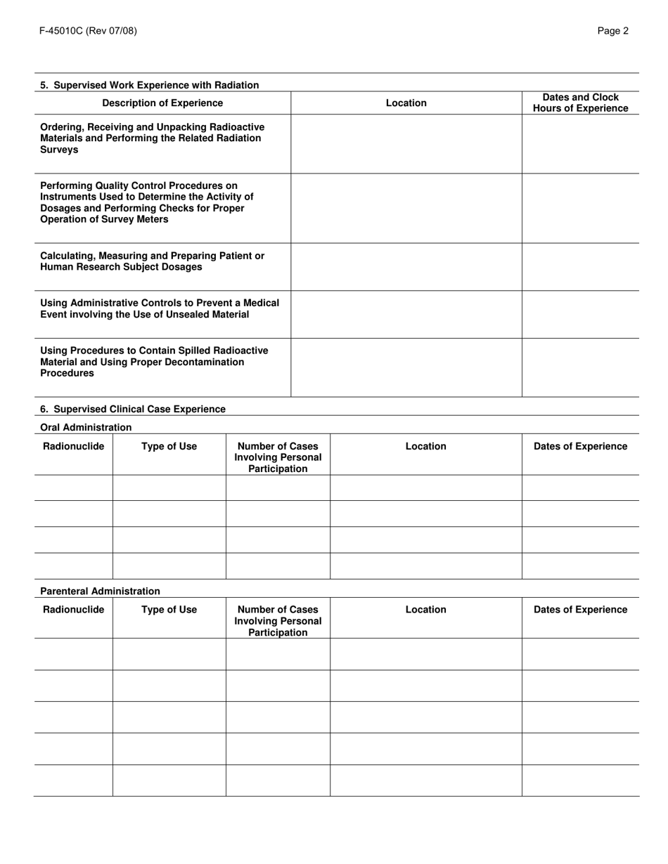 Form F-45010C Training, Experience and Preceptor Attestation - C (Unsealed Radioactive Material Requiring a Written Directive) - Wisconsin, Page 2