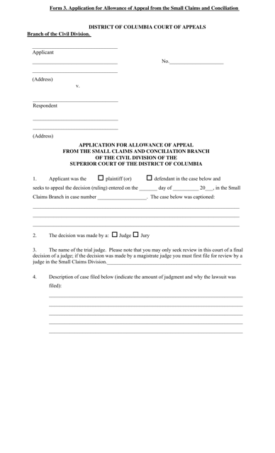 Form 3 Application for Allowance of Appeal From the Small Claims and Conciliation Branch of the Civil Division of the Superior Court of the District of Columbia - Washington, D.C.