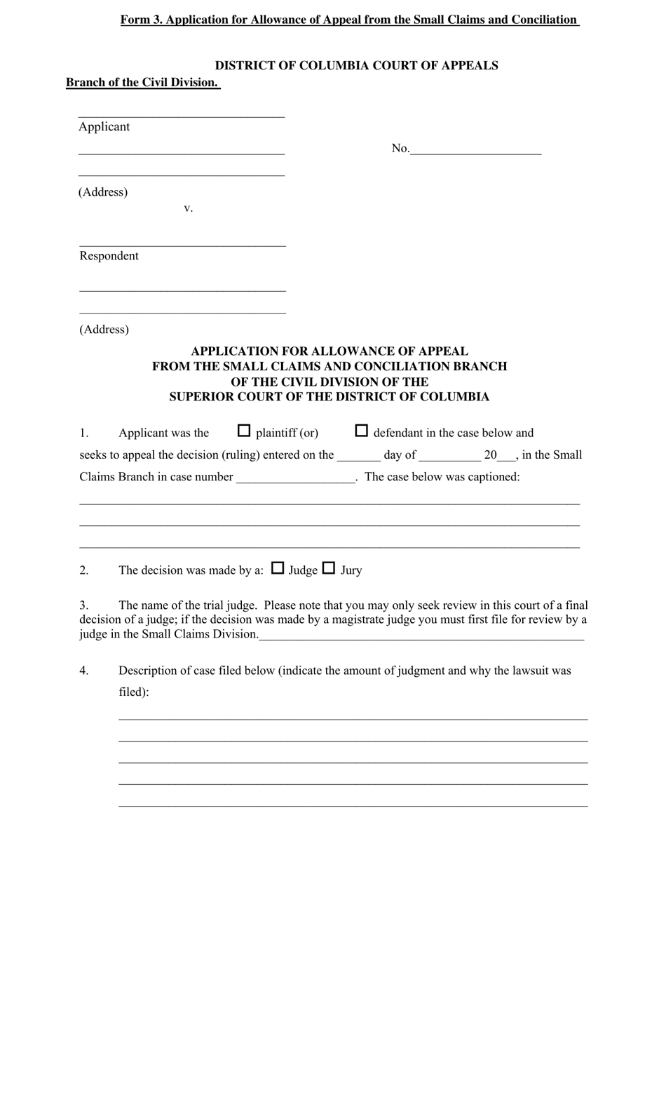 Form 3 Application for Allowance of Appeal From the Small Claims and Conciliation Branch of the Civil Division of the Superior Court of the District of Columbia - Washington, D.C., Page 1