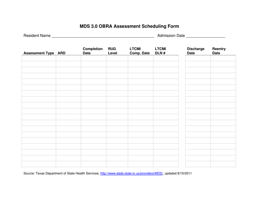 Mds 3.0 Obra Assessment Scheduling Form - Texas Download Pdf