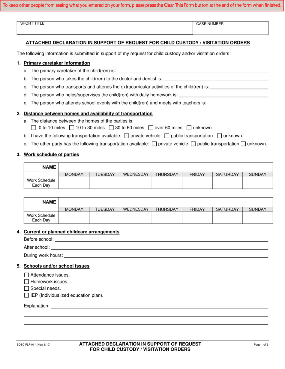 Form FLF-011 Attached Declaration in Support of Request for Child Custody / Visitation Orders - County of San Diego, California, Page 1