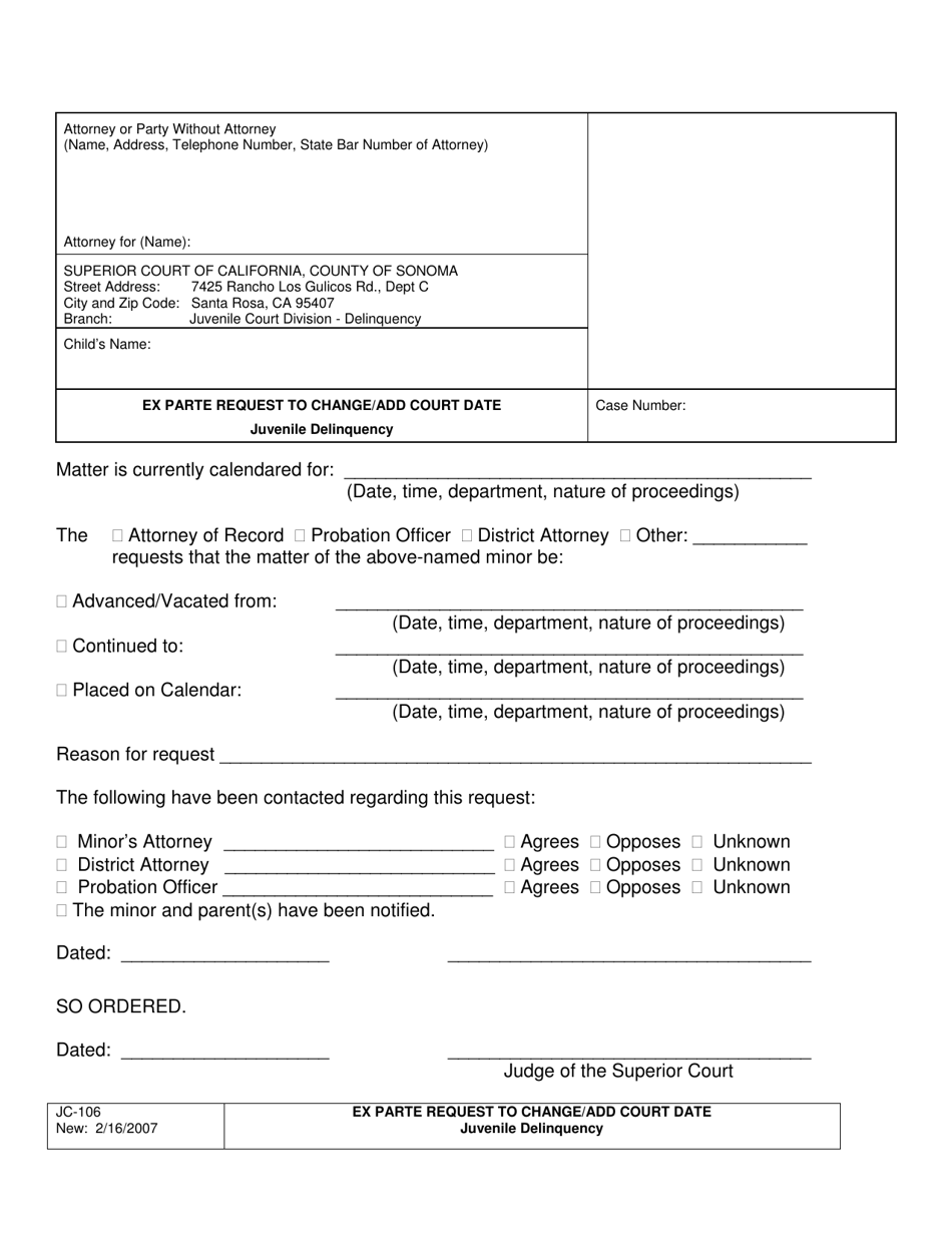 Form JC-106 Ex Parte Request to Change / Add Court Date - County of Sonoma, California, Page 1