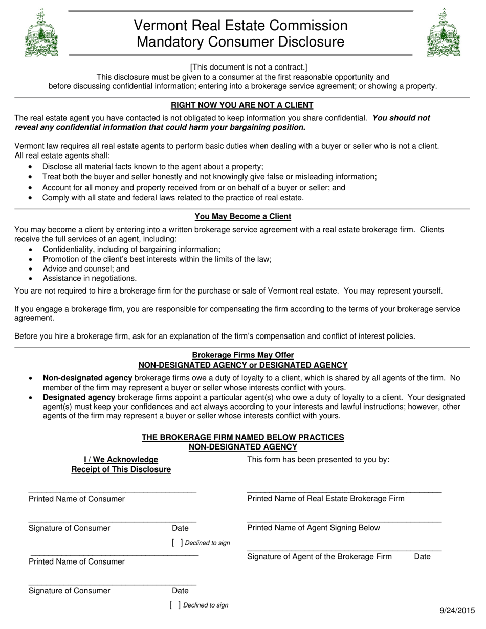 Non-designated Agency Consumer Disclosure Form - Vermont, Page 1