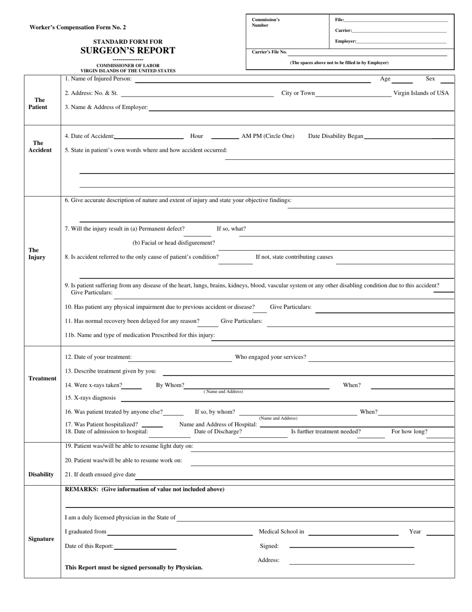 Form 2 Standard Form for Surgeon's Report - Virgin Islands, Page 1