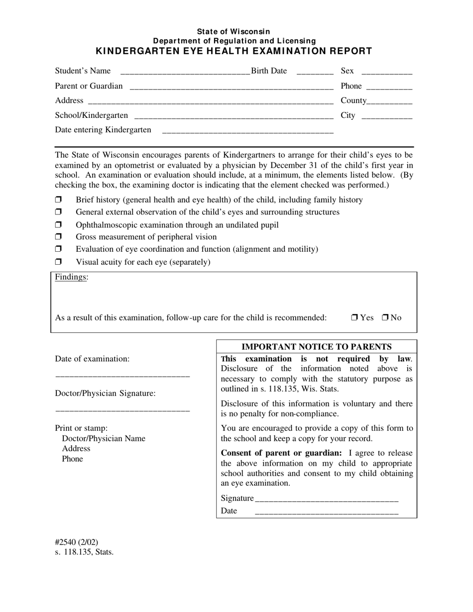 Form 2540 Kindergarten Eye Health Examination Report - Wisconsin, Page 1