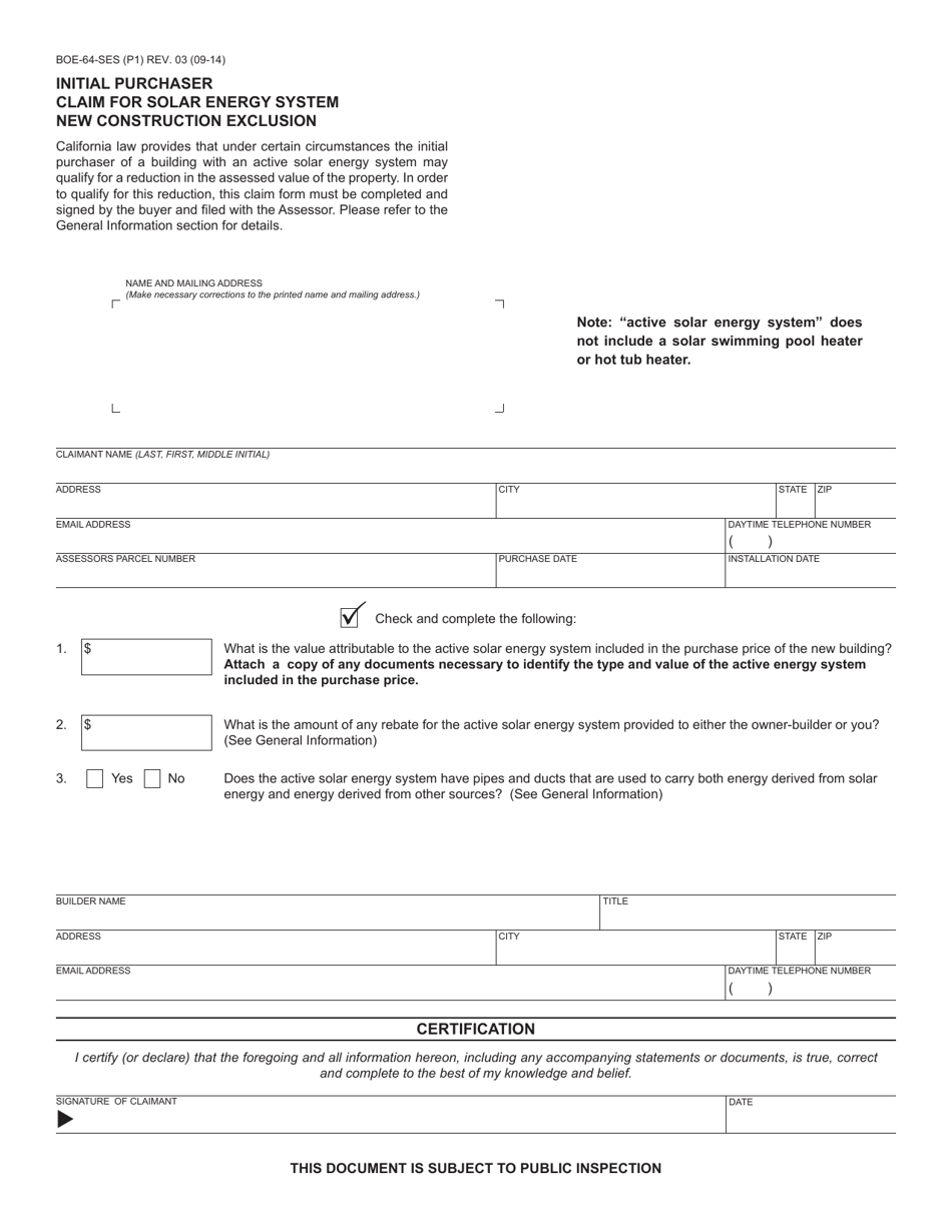 Form BOE-64-SES Initial Purchaser Claim for Solar Energy System New Construction Exclusion - California, Page 1