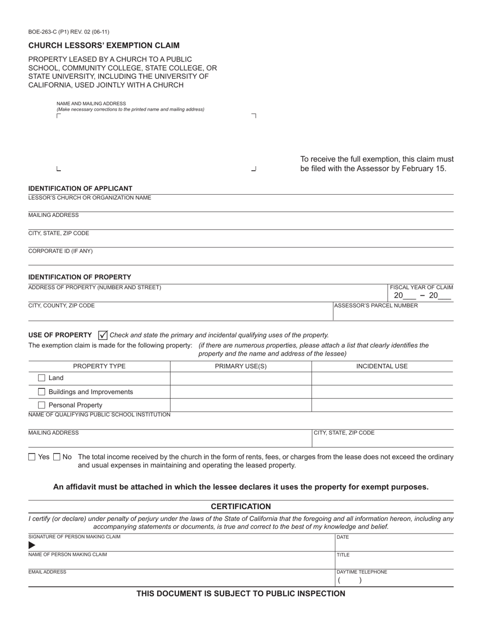 Form BOE-263-C Church Lessors Exemption Claim - California, Page 1