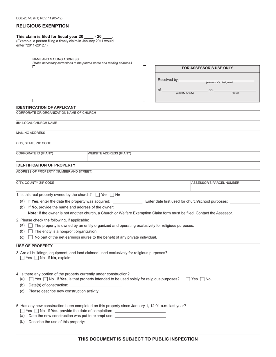 Form BOE-267-S Religious Exemption - California, Page 1