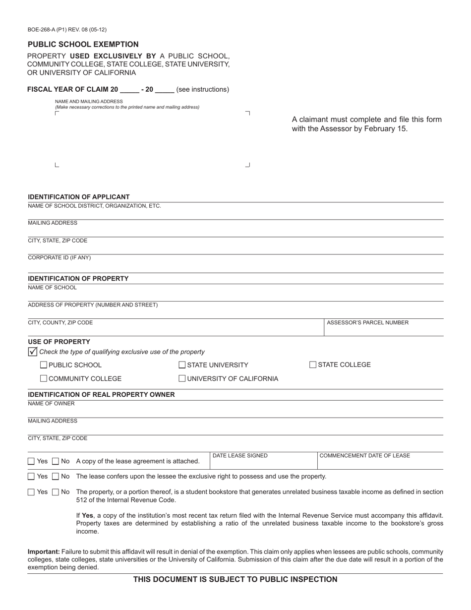Form BOE-268-A Public School Exemption - California, Page 1