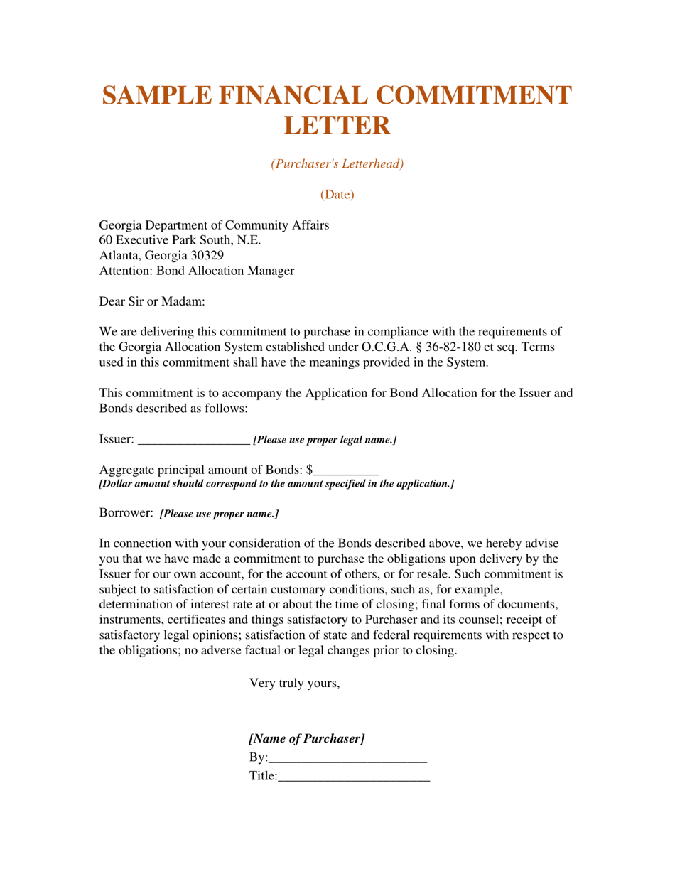 Sample Financial Commitment Letter - Georgia (United States), Page 1