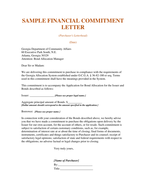 Sample Financial Commitment Letter - Georgia (United States) Download Pdf