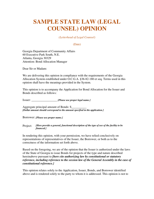 Sample State Law (Legal Counsel) Opinion - Georgia (United States)