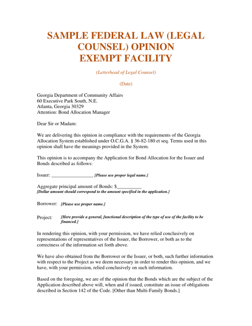 Sample Federal Law (Legal Counsel) Opinion - Exempt Facility - Georgia (United States) Download Pdf