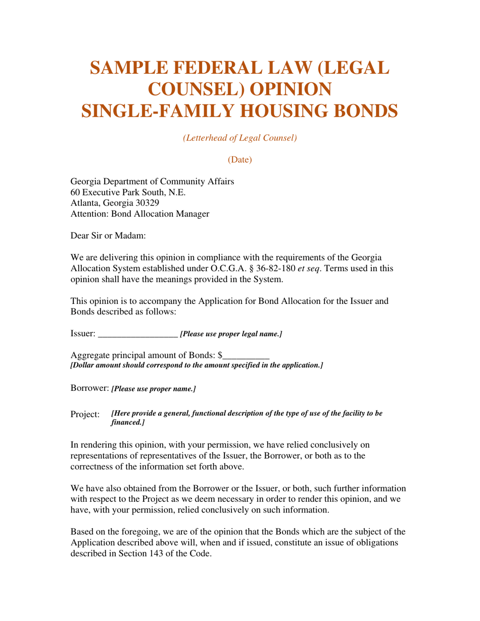 Sample Federal Law (Legal Counsel) Opinion - Single-Family Housing Bonds - Georgia (United States), Page 1