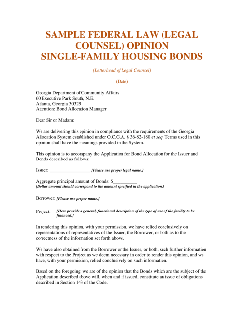 Sample Federal Law (Legal Counsel) Opinion - Single-Family Housing Bonds - Georgia (United States)