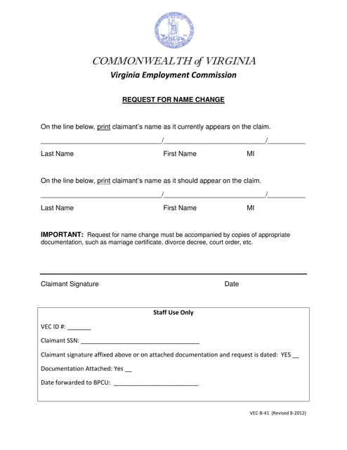 Form VEC-B-41 Request for Name Change - Virginia