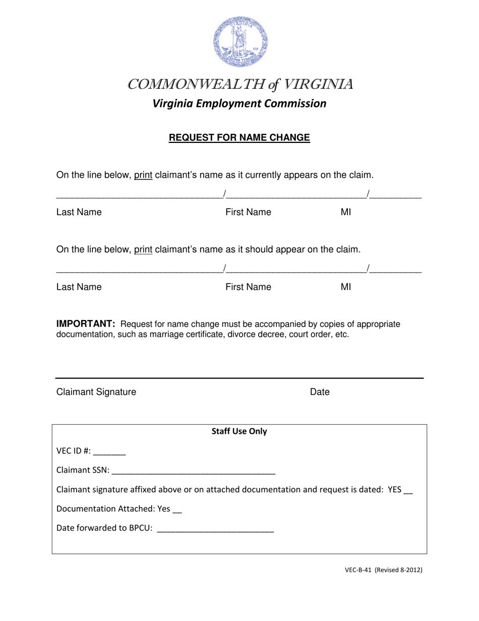 Form VEC-B-41 Request for Name Change - Virginia, Page 1