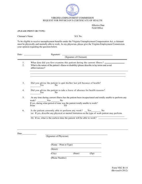 Form VEC-B-14 Request for Physician's Certificate of Health - Virginia