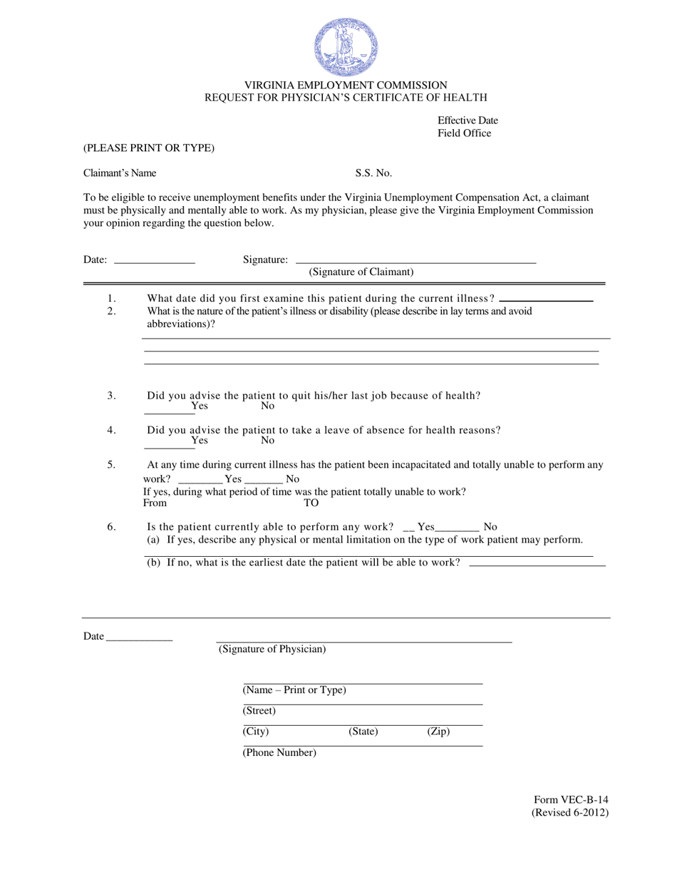Form VEC-B-14 Request for Physicians Certificate of Health - Virginia, Page 1