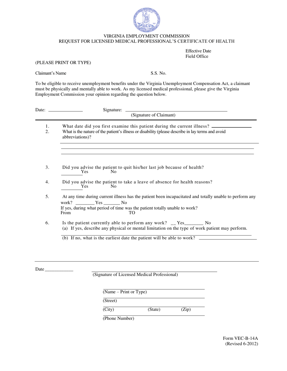 Form VEC-B-14A Request for Licensed Medical Professionals Certificate of Health - Virginia, Page 1