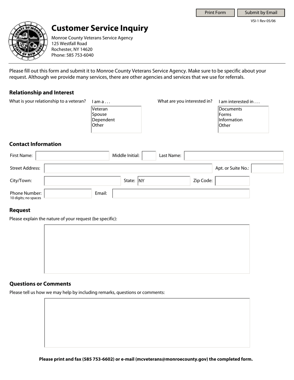 Form VSI-1 Customer Service Inquiry - Monroe County, New York, Page 1
