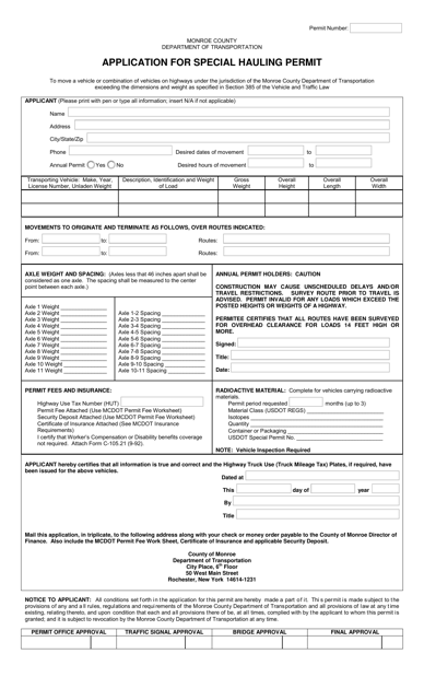 Application for Special Hauling Permit - Monroe County, New York Download Pdf