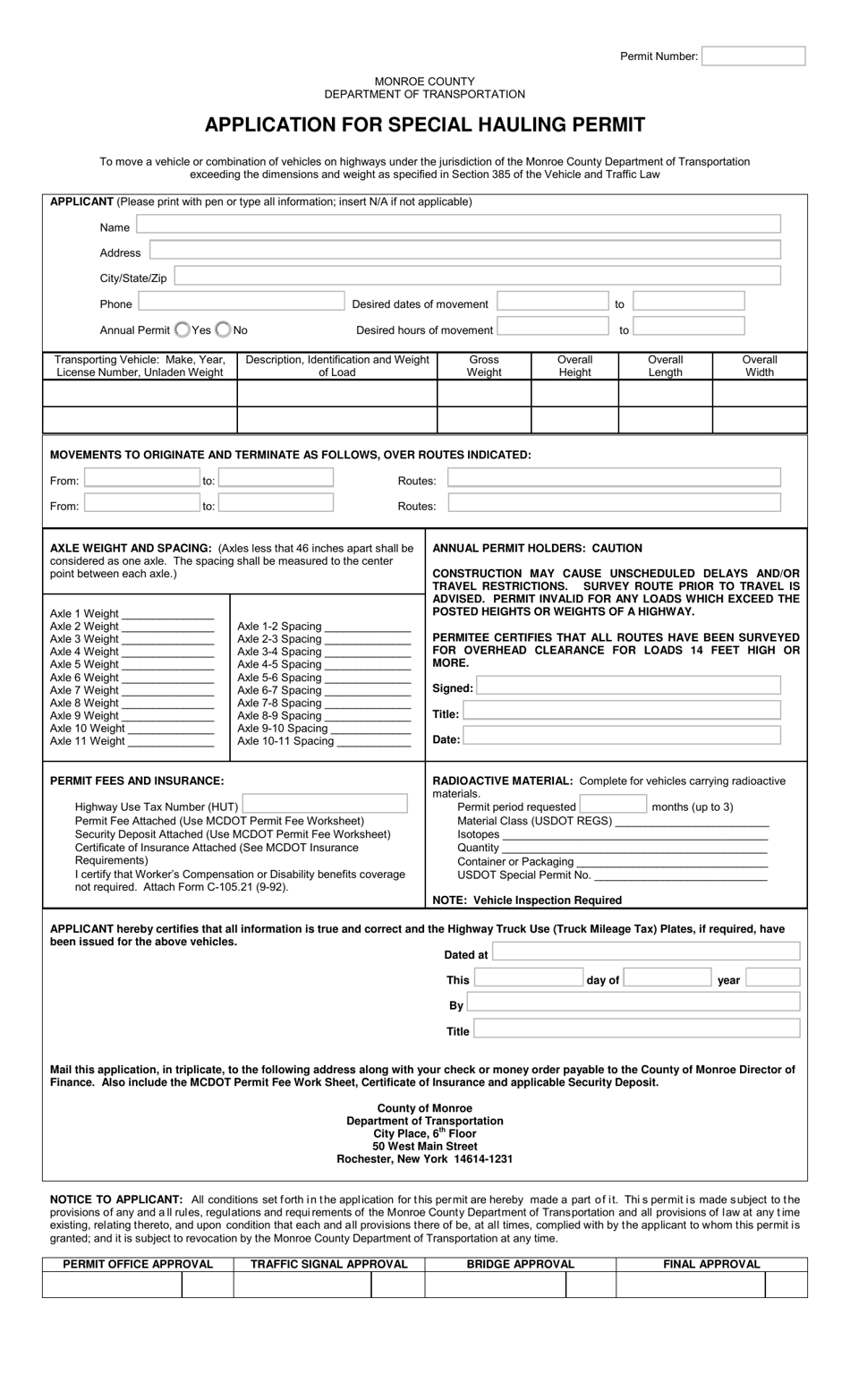 Application for Special Hauling Permit - Monroe County, New York, Page 1