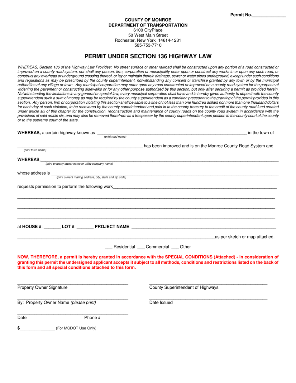Permit Under Section 136 Highway Law - Monroe County, New York, Page 1