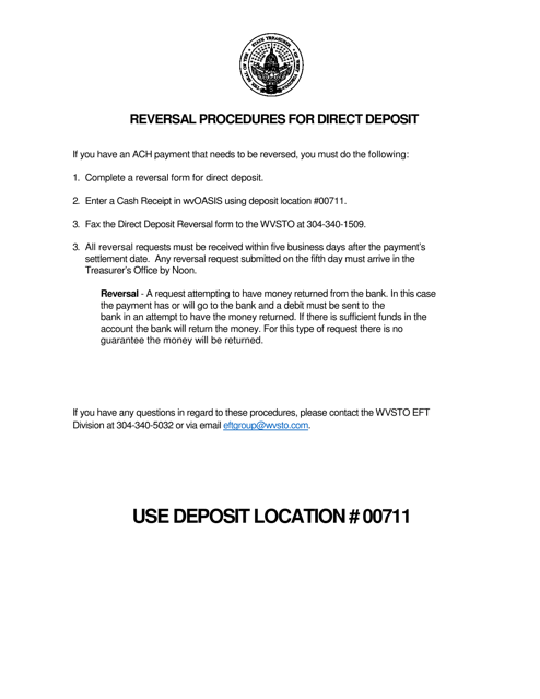 Direct Deposit Reversal Form - West Virginia Download Pdf