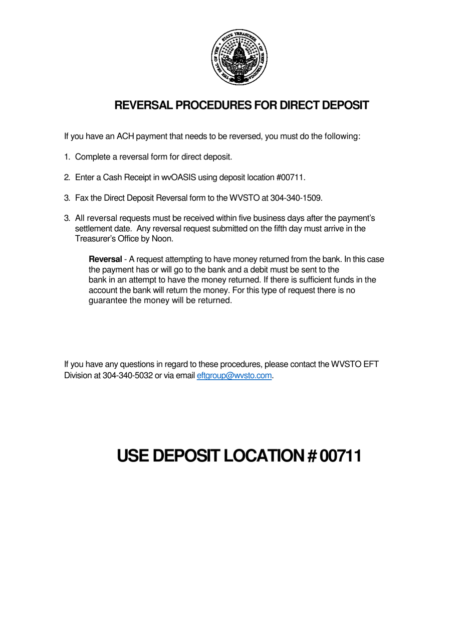 Direct Deposit Reversal Form - West Virginia, Page 1