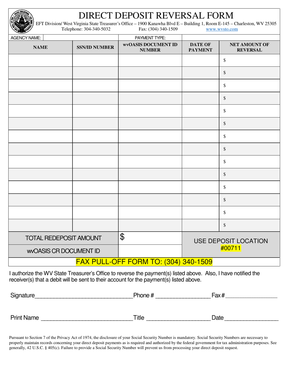 States Where Direct Deposit Reversals Are Restricted West Virginia Direct Deposit Reversal Form - Fill Out, Sign Online and