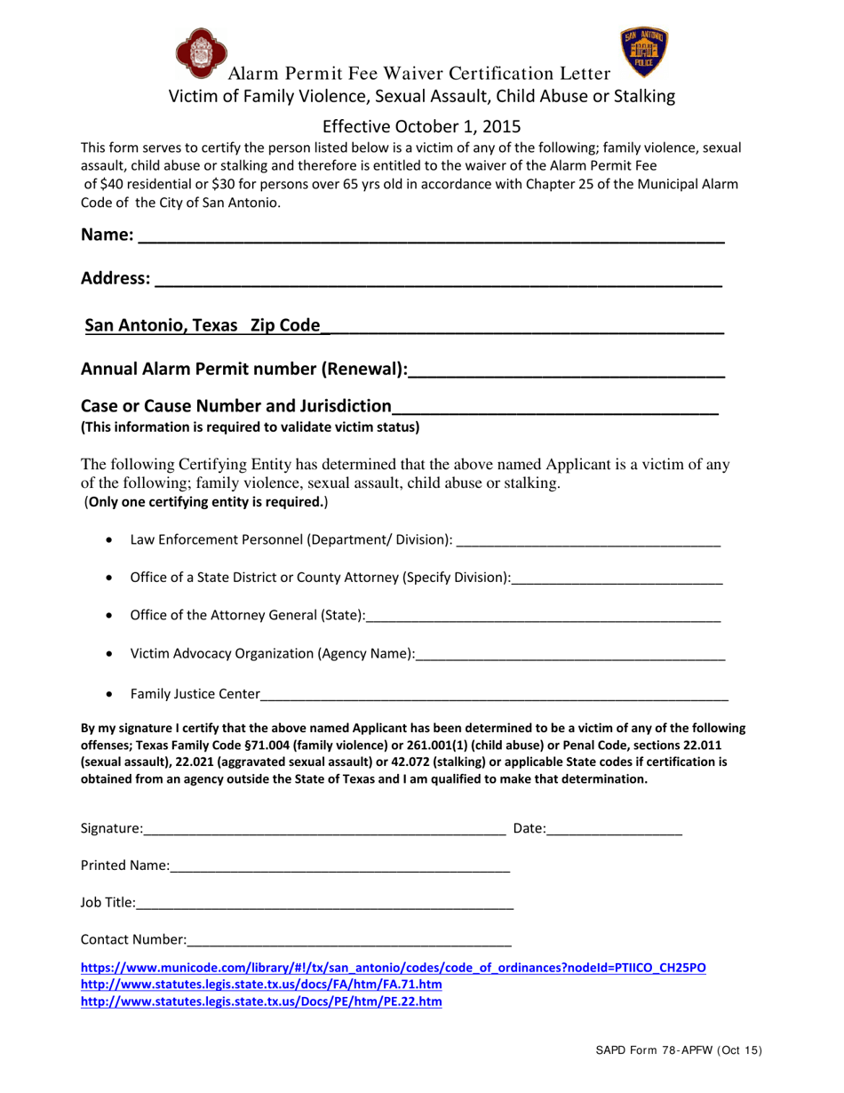 SAPD Form 78-APFW Alarm Permit Fee Waiver Certification Letter - City of San Antonio, Texas, Page 1