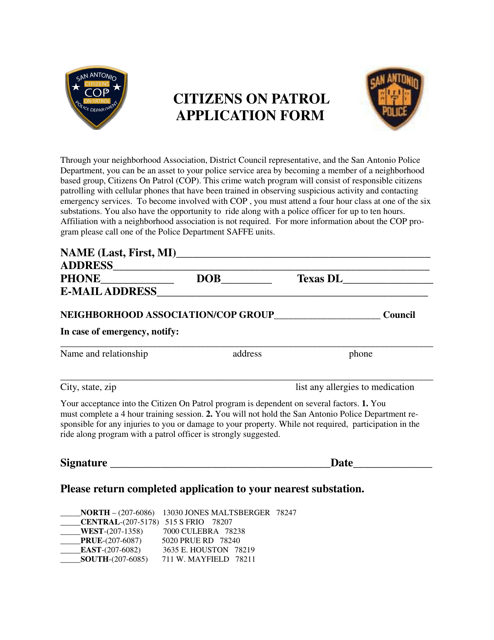 Citizens on Patrol Application Form - City of San Antonio, Texas Download Pdf