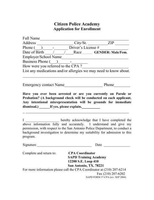 SAPD Form 37-CPA Citizen Police Academy Application for Enrollment - City of San Antonio, Texas