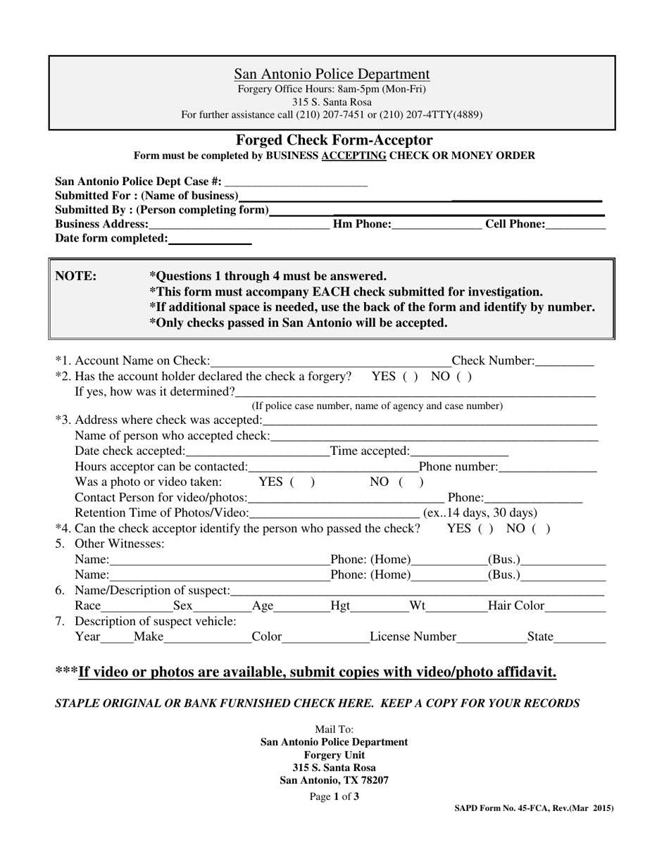 SAPD Form 45-FCA Forged Check Form - Acceptor - City of San Antonio, Texas, Page 1