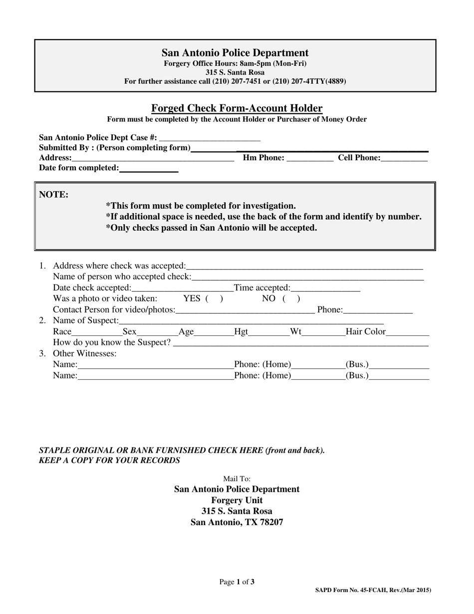 SAPD Form 45-FCAH Forged Check Form - Account Holder - City of San Antonio, Texas, Page 1