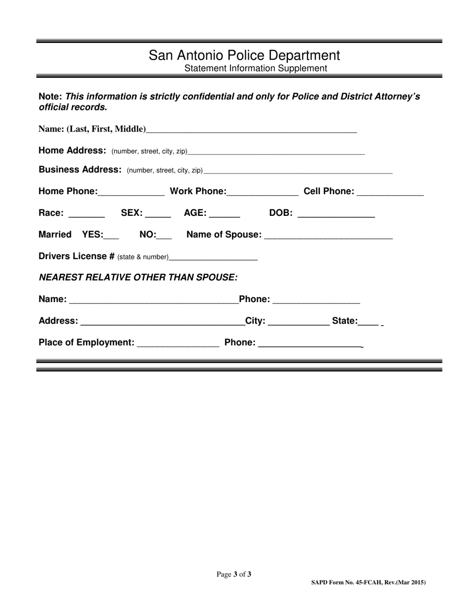 SAPD Form 45-FCAH Forged Check Form - Account Holder - City of San Antonio, Texas, Page 3