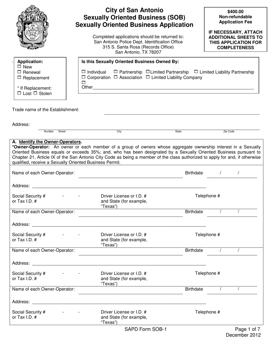 SAPD Form SOB-1 Sexually Oriented Business Application - City of San Antonio, Texas, Page 1